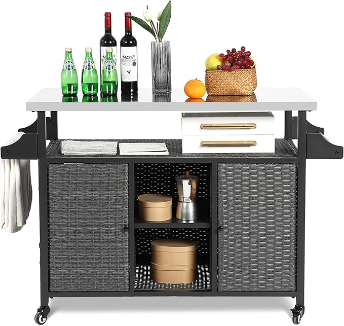 Outdoor Wicker Grill Cart with Storage Cabinet, Outdoor Moveable Bar with Rolling Wheels, Patio Prep Table with Wicker Cabinet, Kitchen Buffet Cabinet with Island, Grey