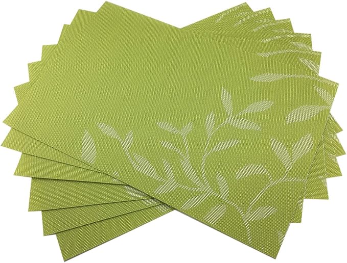 Gugrida Place Mats PVC Set of 6, Table Placemats Set of 6 PVC Woven Vinyl Place Mats Table Mats Natural Color (6 pcs, Green Leaves)