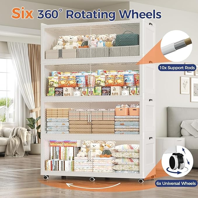 320GAL Extra Large Storage Bins with Lid, 1280QT Collapsible Organizer with Wheels, Stackable Closet Cabinet with Doors, Folding Storage Containers for Home, Office, Kitchen, 4Pack White