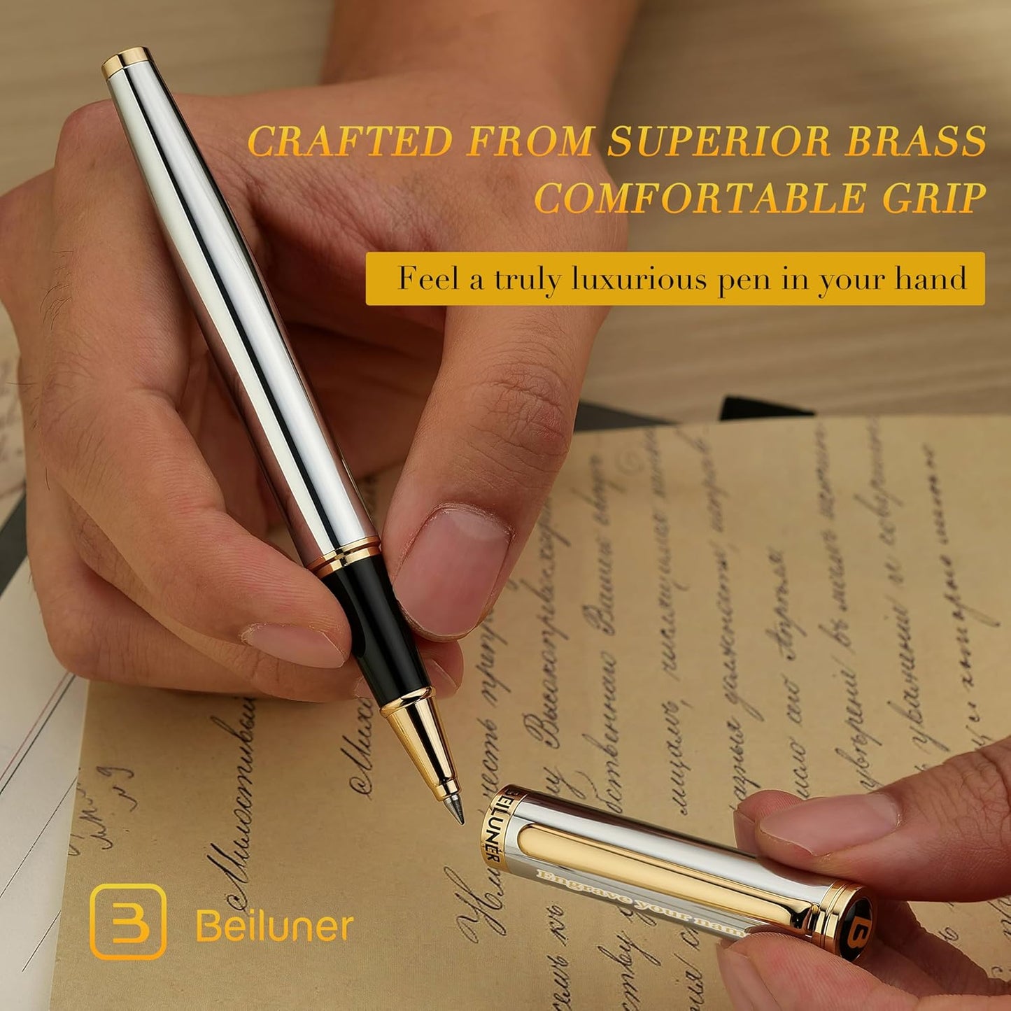BEILUNER Silver Chrome Personalized Pen, Stunning Luxury with 24K Gold Finish,Noble and Elegant Designs,Schneider Ink Refill, Best Gift Pen for Men & Women, Graduation, Executive Office, Fancy Pens