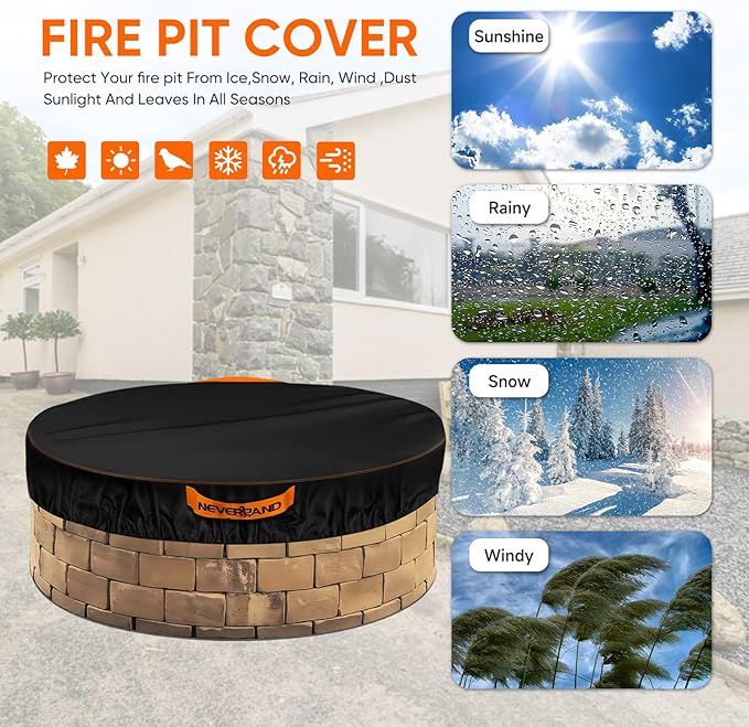NEVERLAND Round Fire Pit Cover for In-Ground Fire Pits, 52-57 Inch Heavy Duty 600D Waterproof Outdoor Firepit Cover, Fits Built-In Stone Fire Pits, Orange