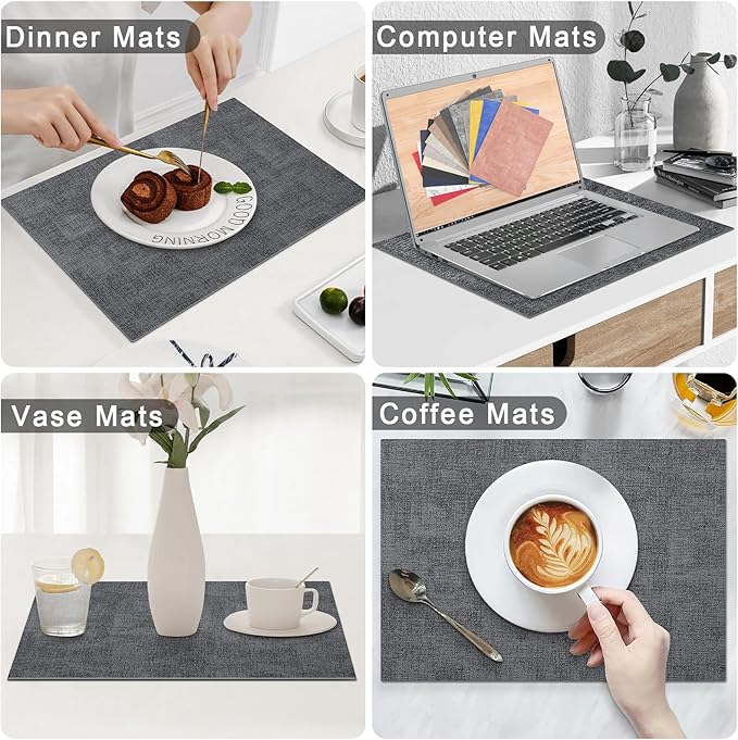 Homaxy Faux Leather Heat Resistant Placemats for Dining Table Set of 6, Waterproof Wipeable Washable PU Table Mats, Easy to Clean Anti-Slip Place Mats, 11.8" x 17", Dark Grey