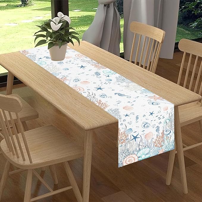 Nautical Table Runner, Summer Coastal Starfish Seahorse Seashells Coral Tropical Ocean Beach Colorful Farmhouse Coffee Table Center Decor for Home Kitchen Dining Patio Indoor Outdoor, 13"x108" Inch