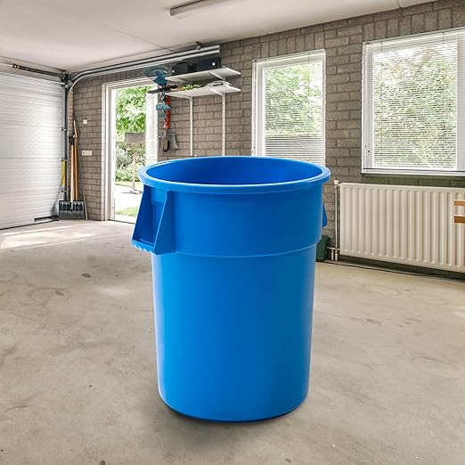 PRO&Family Commercial Round Trash Can with Lid and Dolly Rolling Waste Container, Ingredient Bin, Heavy-Duty Plastic, Anti-Static, Kitchen, Office, Outdoor Use (Blue, 55 Gallon)