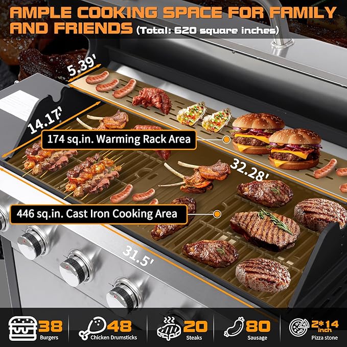 CIG GARDEN 6 Burner Propane Gas Grill With Side Burner,3 in 1 Gas BBQ Grill,73000 BTU Outdoor Barbecue Propane Griddle Grill Combo for Camping, Patio, Backyard