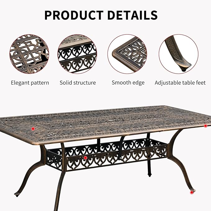 86" Large Outdoor cast Aluminum Patio Dining Table, Rectangular Outdoor Bistro Dining Table for 8 Person, for Garden (Bronze, Rectangle 86")
