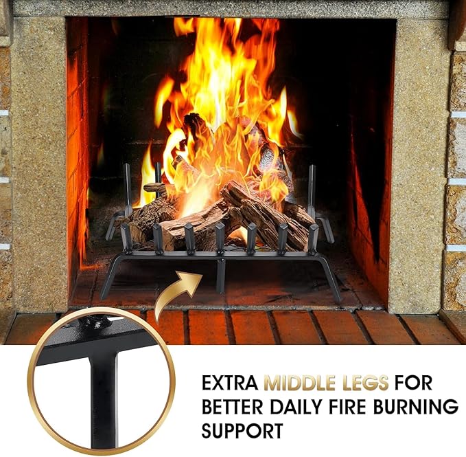 G GOOD GAIN Fireplace Grate 24" with Ember Retainer, Heavy Duty Cast Iron Indoor, Chimney Hearth Wood Stove Burning Rack Holder,1/2” Bar Fire Place Asseccories for Outdoor, Fire Pits, Camping