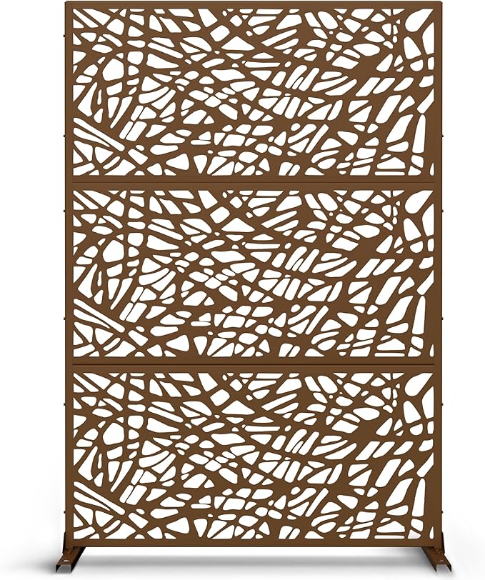 Metal Privacy Screen Outdoor 72" H×47" W,Freestanding Decorative Privacy Screen for Balcony Yard&Garden,Privacy Fence-Brown&Net