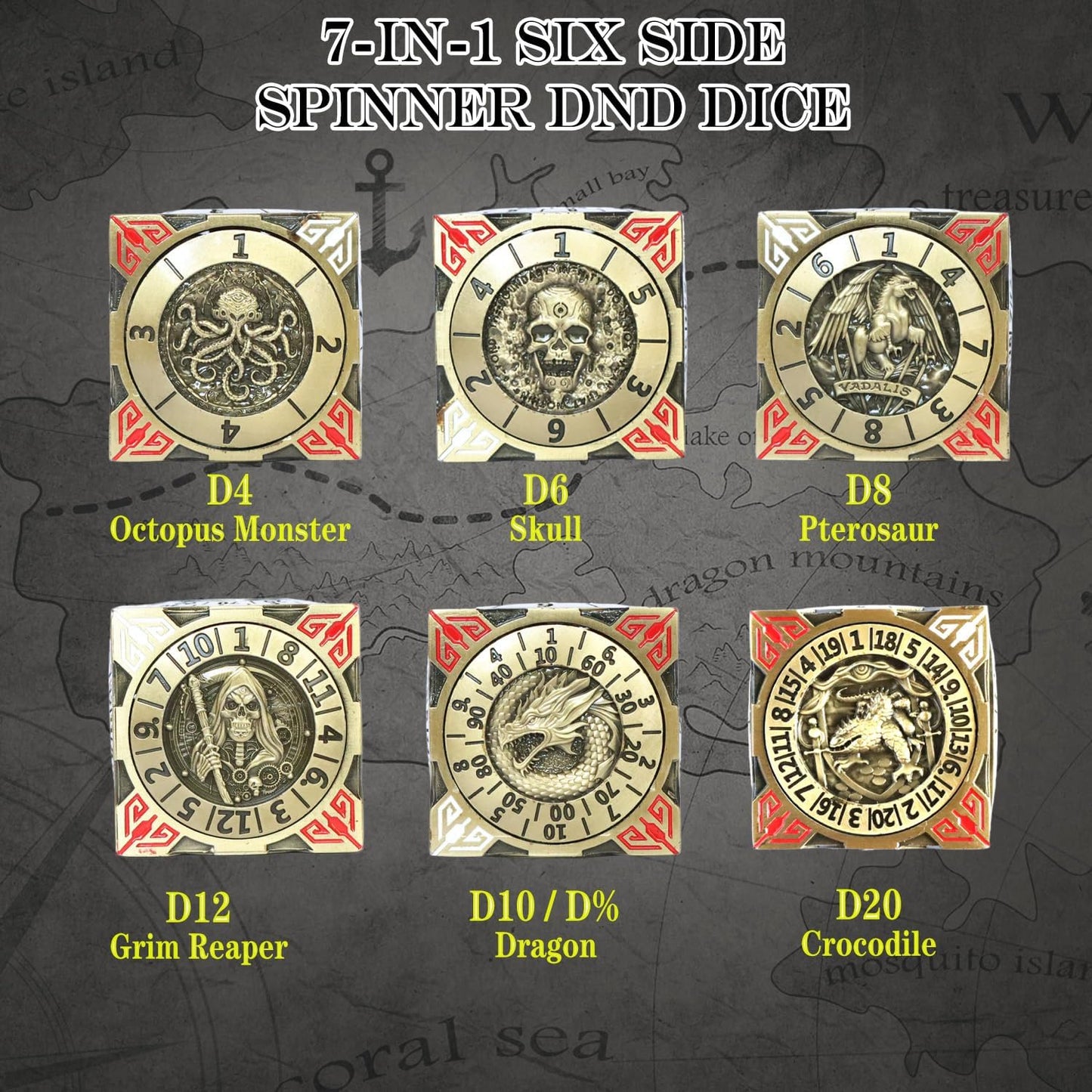 6 Sided Spinner DND Dice - Metal D4 D6 D8 D10 D10% D12 D20 All in One D&D Set - Cool Role Playing Gifts for Dungeons and Dragons TRPG MTG Games Lover Players Upgrade Ancient Bronze
