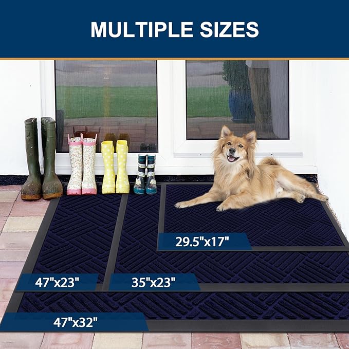 Smiry Front Door Mat Outside Entrance, Heavy Duty Outdoor Indoor Mat, Natural Rubber Doormat, Non Slip, Trap Dirt and Moisture, Easy Clean, Low Profile Patio Porch Entryway Mat, 29.5x17, Black Blue