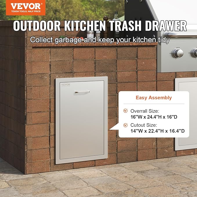 VEVOR Outdoor Kitchen Trash Drawer 16Wx22Hx16 D, Propane Tank Drawer, Stainless Steel Pull Out Trash with Handle, Outdoor Kitchen Cabinets Can Pull Out, BBQ Island Bin