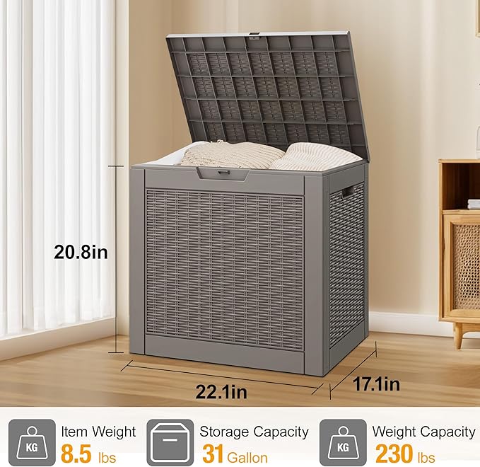 30 Gallon Outdoor Storage Deck Box Waterproof,Garden Tool,Backyard Cushion,Poolside Storage,Small Delivery Boxes for Outside,Lockable Lid,Rattan Grey