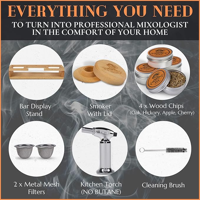Cocktail Smoker Kit | Whiskey Smoker Kit | Bourbon Smoker kit | Old Fashioned Smoker Kit for Men with Stand, Torch & Wood Chips | Whiskey Gift for Men (No Butane Incl.)
