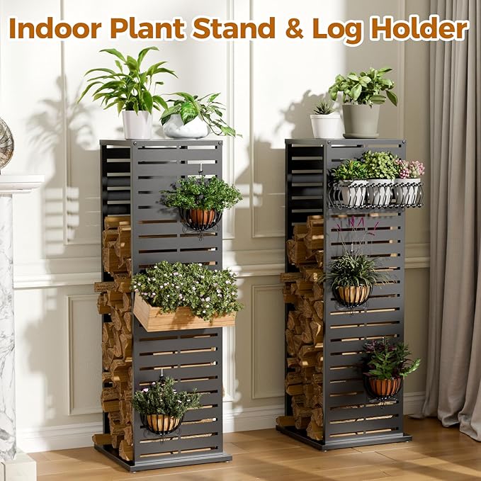 4ft Firewood Rack Outdoor, Fire Wood Holder Log Storage Rack with Parallel Louver Pattern Hooks Adjustable Feet, Firewood Stacker for Indoor Patio Balcony Black