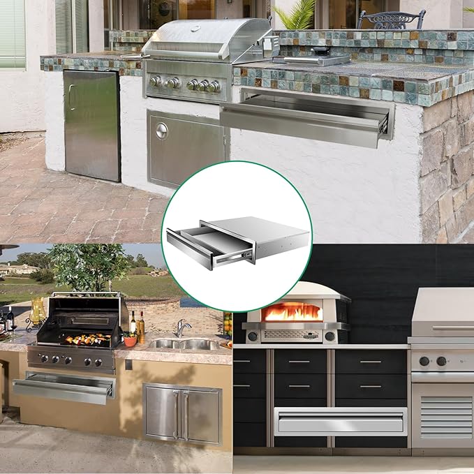 Outdoor Kitchen Drawers 30" W x 6.5" H x 23" D Stainless Steel Single Drawers with Hidden Handle for BBQ Island, Patio Grill Station & Outdoor Kitchen Cabinets
