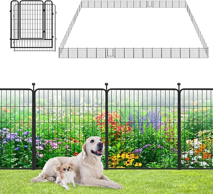 Garden Fence with Gate Metal Fencing Outdoor for Yard, 32in x147ft 64 Panels Outdoor Dog Fence Temporary Fence for Dogs Outside, Rustproof Garden Fencing Flower Bed Edging for Patio