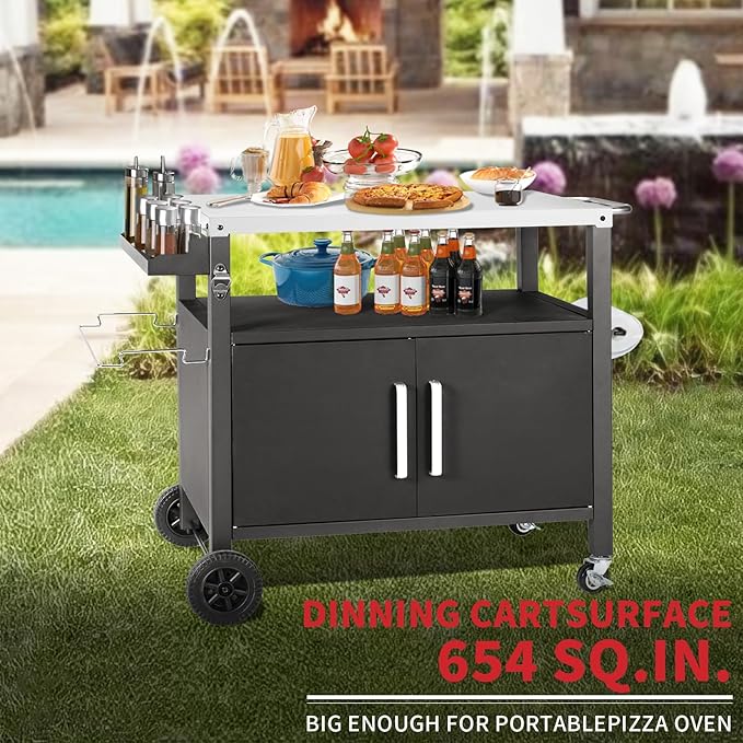 Grill Cart Table with Big Storage Cabinet, Movable Outdoor Dining Cart Pizza Oven Stand, Kitchen Cart Island Multifunction Food Prep Table Stainless Steel Surface