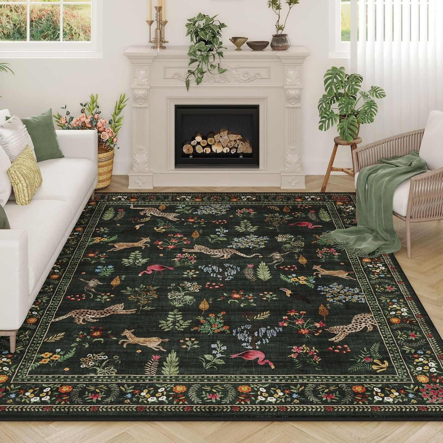 Rugcomf Area Rugs 8x10 Rug for Living Room Clearance Washable Boho Area Rug Non Slip Floral Animal Vintage Low Pile Large Rug for Living Room, Bedroom, Farmhouse, Dining Room, Kids Playroom (Green)