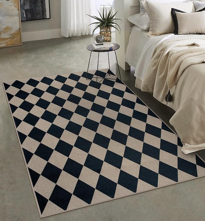 Easy Jute Black Checkered 5x7 Area Rug, Washable Modern Outdoor Rug for Patio Non-Slip Diamond Rugs for Living Room, Neutral Farmhouse Floor Carpet for Bedroom Dining Room Classroom