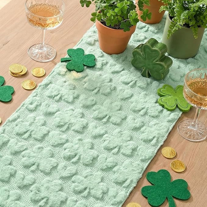 Artoid Mode Sage Green Soft Plush Faux Fur Jacquard Heart Clover St. Patrick's Day Table Runner, Seasonal Kitchen Dining Table Decoration for Home Party Decor 13x36 Inch