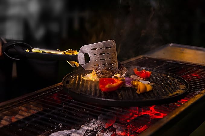 Jokari Pro Grade 6 in 1 Lighted Grill Tool. All in One Cooking Utensil Includes Easy Grip Handle, Spatula, Adjustable Tongs, Knife Blade, Scraper, Bottle Opener and LED Flashlight for Night Grilling.