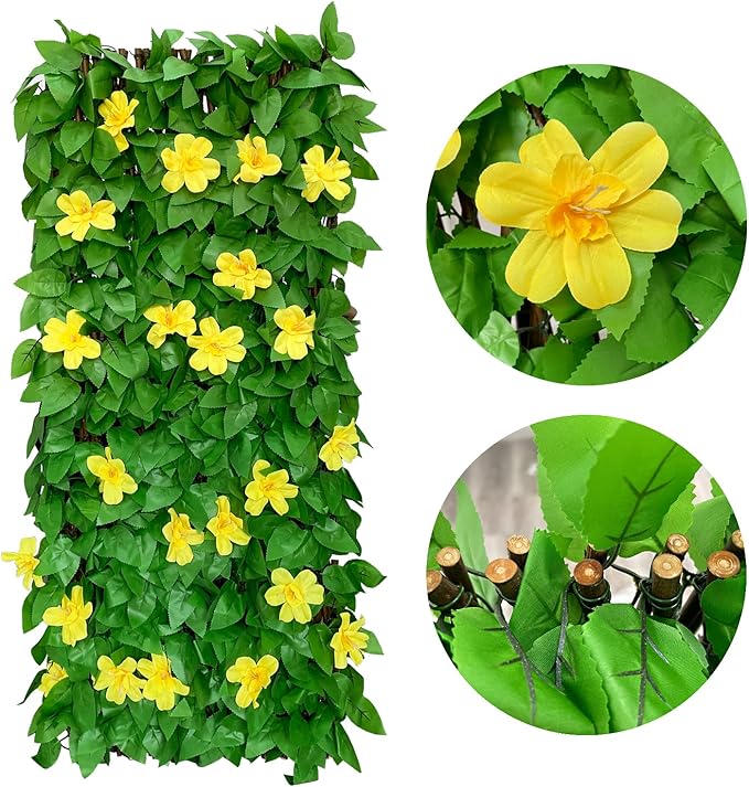Expandable Fence Privacy Screen for Balcony Patio Outdoor,Decorative Faux Ivy Fencing Panel,Artificial Hedges (Single Sided Leaves) (1, Yellow Flowers)