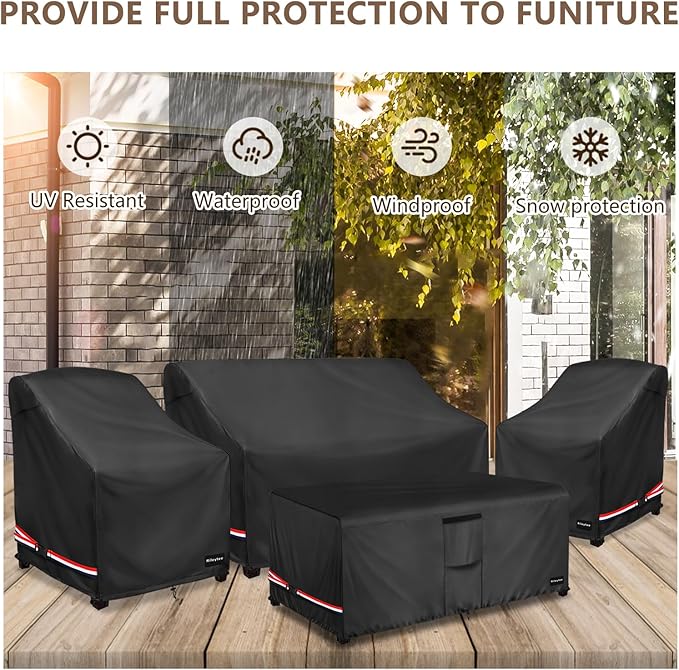 Rileytee Patio Furniture Set Covers, 4 Pcs 600D Heavy Duty 100% Waterproof Outdoor Furniture Cover, Fit Patio Loveseat, Chair and Coffee Table (Black)