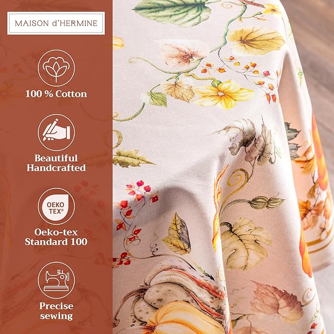 Maison d' Hermine Table Cloth Round Table 100% Cotton 69 Inches Fall Tablecloth Reusable Everyday Use for Thanksgiving Christmas Decorations Dining Farmhouse Party (Potiron)