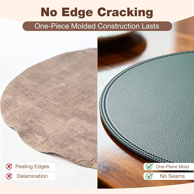Round Vinyl Beige Placemats Set of 6, Faux Leather Waterproof Wipeable Heat Resistant Place Mats, Washable Table Mats for Halloween, Thanksgiving & Christmas Dinner (Beige)