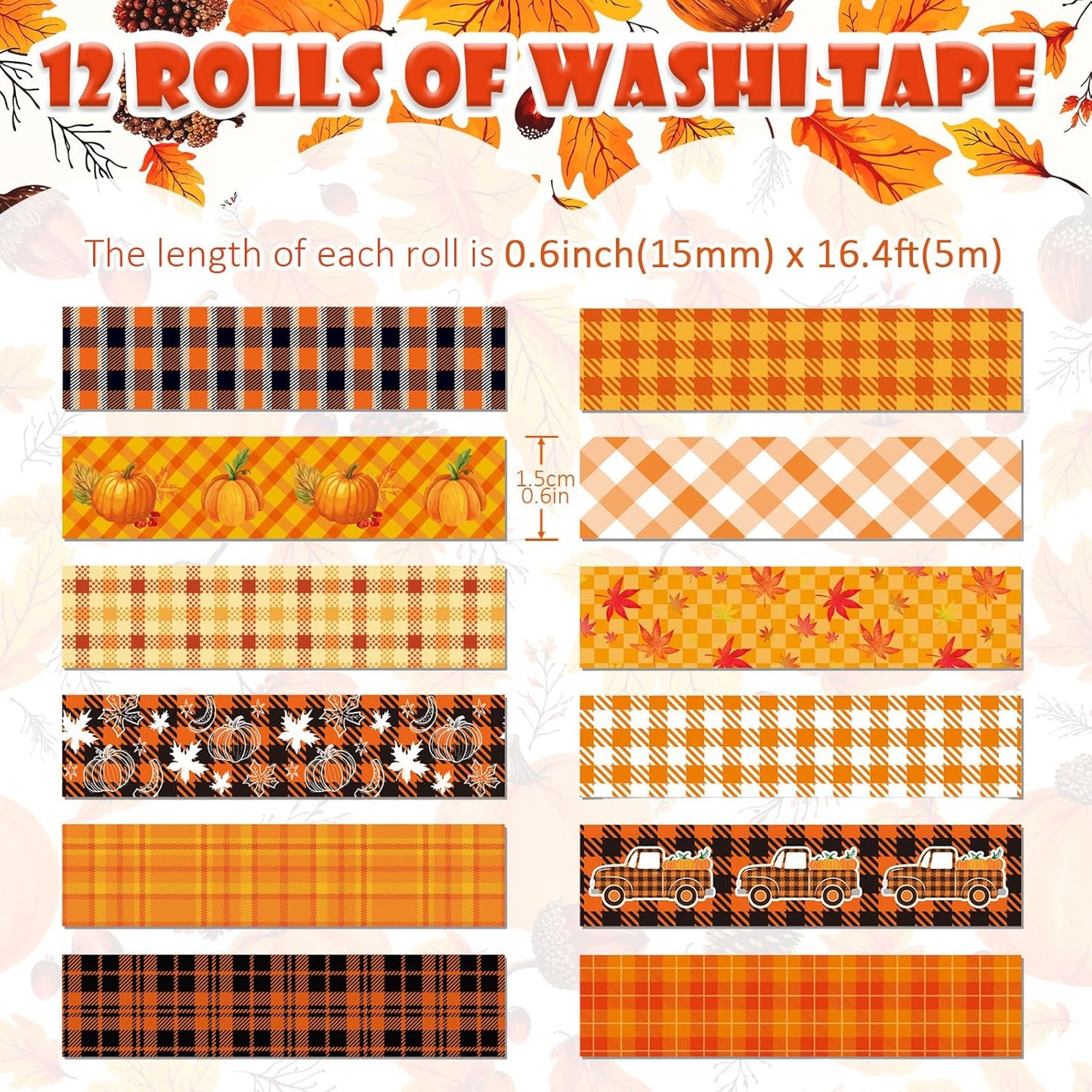 12 Rolls Autumn Washi Tape Set - Thanksgiving Theme Grid Pumpkin Maple Fall Decorative Tape for Bullet Journal, Scrapbooking, Planner, DIY Wrapping Crafts 16.4FT