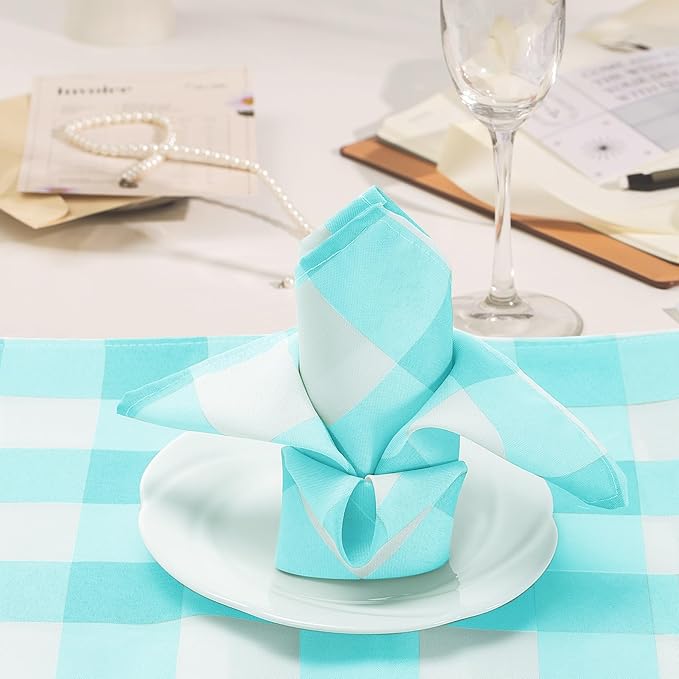 Buffalo Plaid Table Napkins Set of 12 Checkered Cloth Napkins 17x17 inch Washable Dinner Gingham Pattern Napkins Soft Napkins for Wedding Party Dining Banquet(Aqua and White)