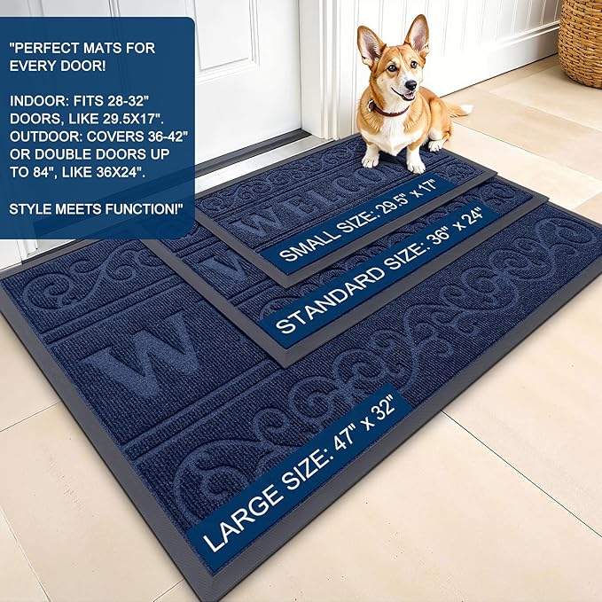 OLANLY Welcome Door Mat Indoor Outdoor Entrance, Heavy Duty Sturdy Front Door Mat, Waterproof All-Weather Doormat, Stain Resistant, Low Profile, Easy Clean Patio Entryway Mat, 36 x 24, Navy Blue
