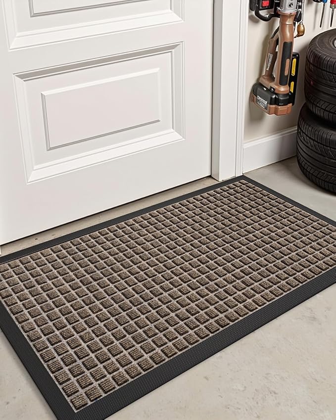 DEXI Front Door Mat Outside Entrance, 17x29 Rubber Entry Doormat Heavy Duty, Welcome Mats Non Slip for Inside House Floor Entryway Double Doors Exterior Patio, Checkered Brown