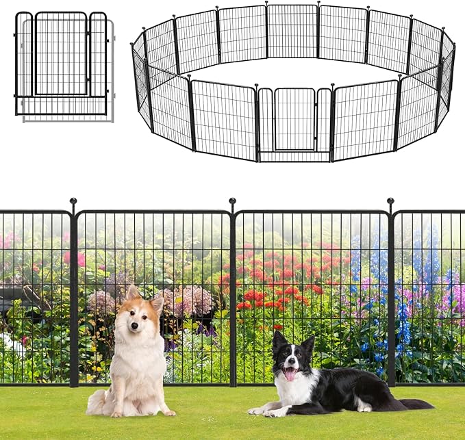 Garden Fence with Gate Metal Fencing Outdoor for Yard, 32in x37ft 16 Panels Outdoor Dog Fence Temporary Fence for Dogs Outside, Rustproof Garden Fencing Flower Bed Edging for Patio