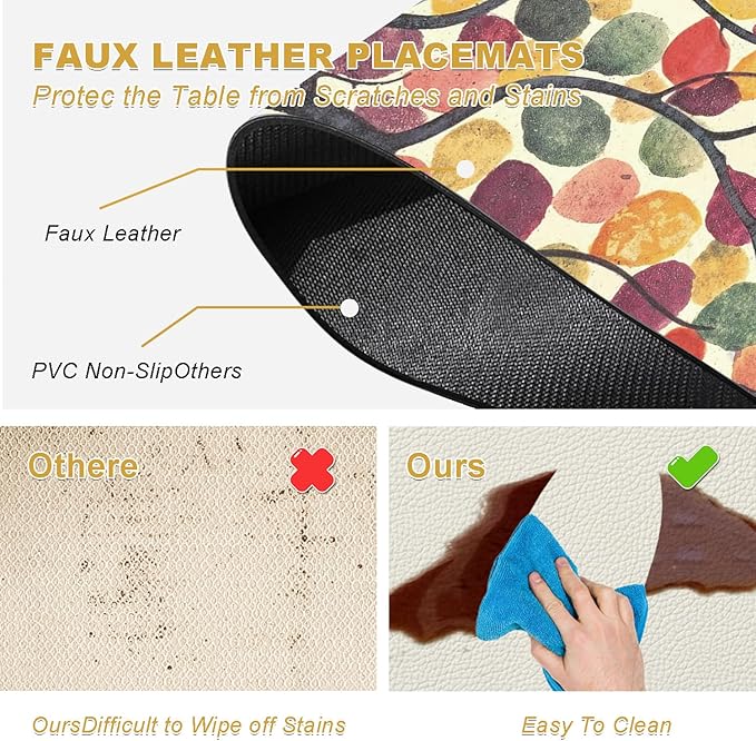 Rainbow Tree Placemats Set of 4 - Faux Leather Resistant Placemats for Dinner Table, Non-Slip Waterproof Oil-Proof Washable Reusable Placemat for Indoor Outdoor Kitchen Decor, 15.75In*11.81In