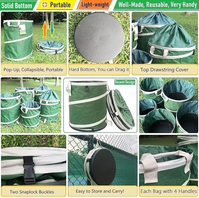 32-Gallon Collapsible Trash Can (19x25 in) Hard-Shell Bottom Leaf Bag,Yard Waste Bag,Garden Debris Container,Pop-Up Recycling Bin,RV Camping Waste Bin,Laundry Hamper,Lawn Grass Clippings,Weeds Basket