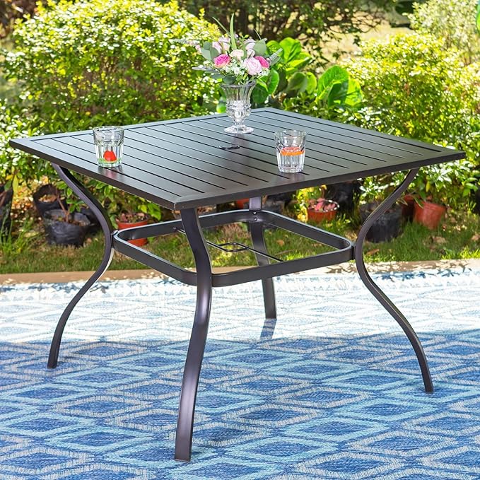 Sophia & William 5 Pieces Patio Dining Set with 9 ft Beige Patio Umbrella, Outdoor PE Rattan Chairs and Square Metal Table Set with Cushions and 1.57" Umbrella Hole for Porch Poolside Backyard