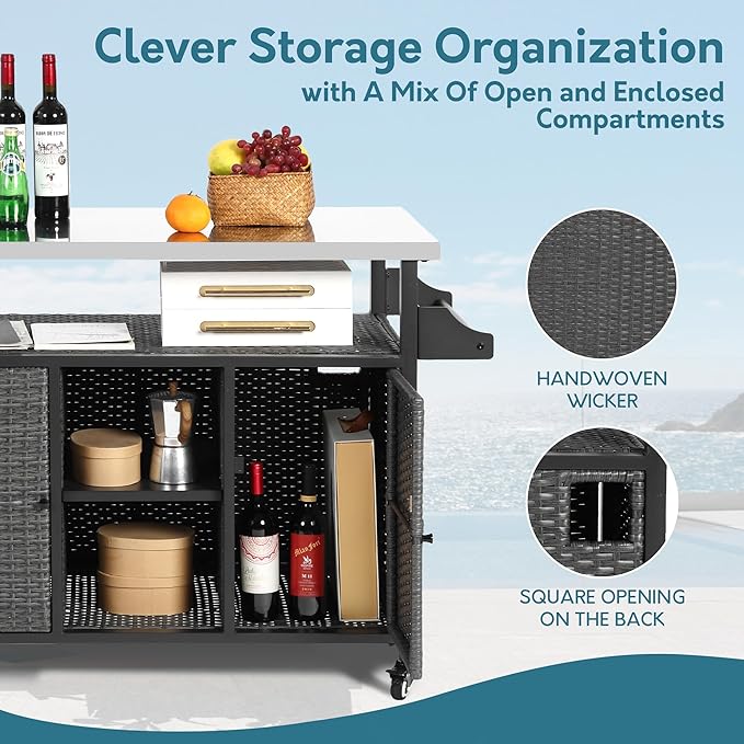 Outdoor Wicker Grill Cart with Storage Cabinet, Outdoor Moveable Bar with Rolling Wheels, Patio Prep Table with Wicker Cabinet, Kitchen Buffet Cabinet with Island, Grey