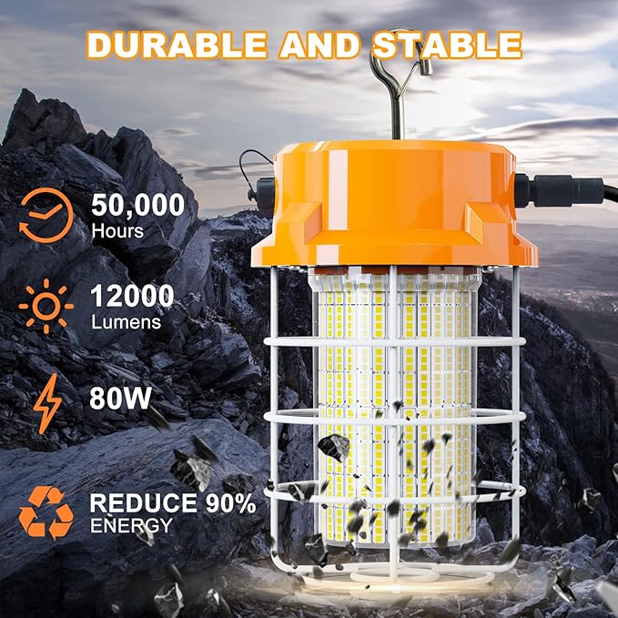 80W LED Temporary Work Light 12000Lm 5000K Construction Lights Led Work Light IP67 Dust Waterproof Portable Lights with Stainless Steel Guard Hook for Mine Wharf Job Site Garage Factory Lighting