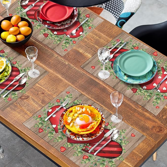 Valentines Day Wooden Plank Placemats Set of 4, 12x18 Inch Valentine Eucalyptus Leaves Heart Dining Table Placemats Wedding Washable Heat Resistance Place Mats for Party Kitchen Dining Decor