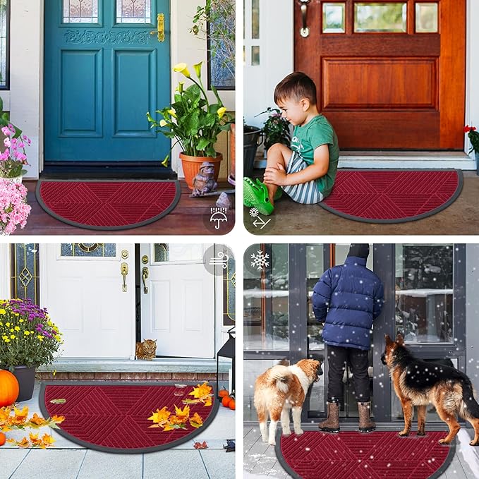 Smiry Half Circle Front Door Mat Outside Entrance, Heavy Duty Sturdy Natural Rubber Doormat, Trap Dirt and Moisture, Low Profile Mats for Indoor Outdoor Entry, Irregular Triangle (36x24, Wine Red)