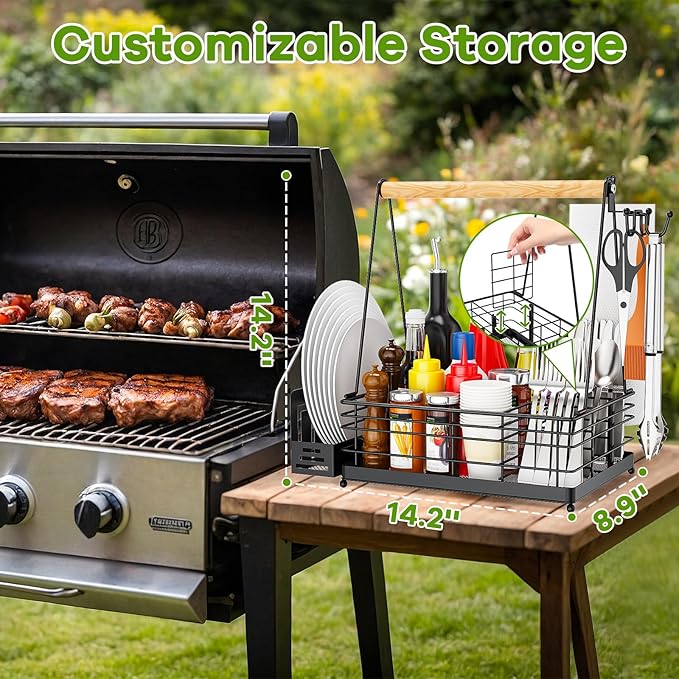 Grill Caddy, BBQ Caddy for Outdoor Grill with Paper Towel Holder, Picnic Condiment Utensil Storage, Camping Essentials, RV, Tailgating Essentials, Grilling Accessories, Gifts for Men