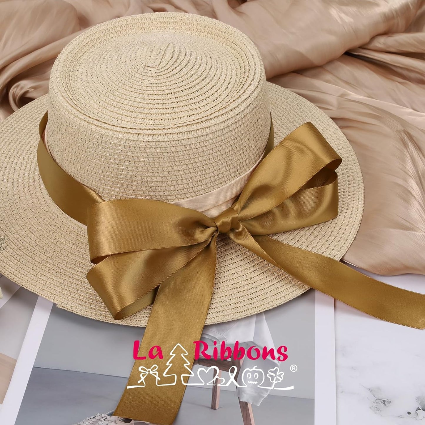 LaRibbons 1 Inch 50 Yard Double Faced Satin Ribbon,Pale Gold Satin Craft Fabric Ribbon for Gift Wrapping Floral Bouquets Wedding Party Decoration