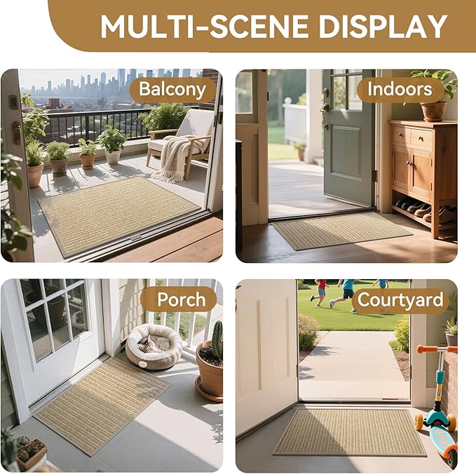 Front Door Mat 17"x30", Heavy Duty Waterproof Dirt Trapping Non-Slip Doormats, Low Profile Entrance Mats for Front Indoor/Outdoor, Brown