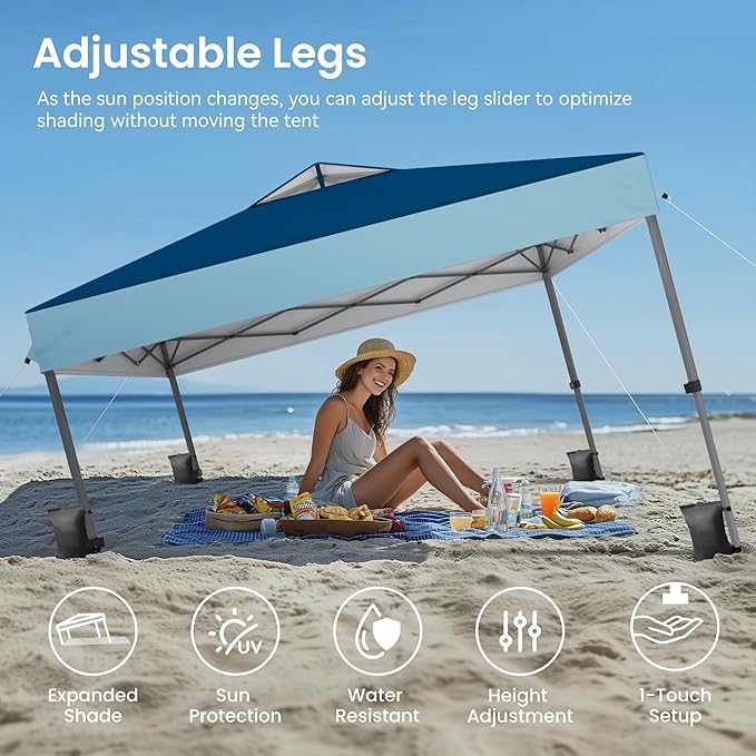 PHI VILLA 10x10ft 1-Person Setup Pop Up Canopy Tent Instant Portable Shelter w/ 1-Button Push, Case, 4 Weight Bags - Dark & Light Blue