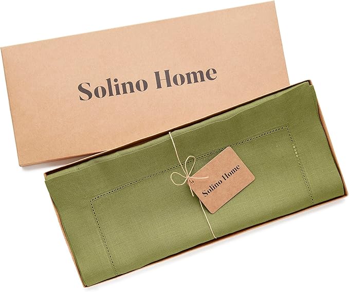 Solino Home Linen Hemstitch Table Runner 108 Inches Long - 100% Pure Linen Avocado Green Table Runner 14 x 108 Inch for Spring, Easter, St Patricks Day - Classic Hemstitch