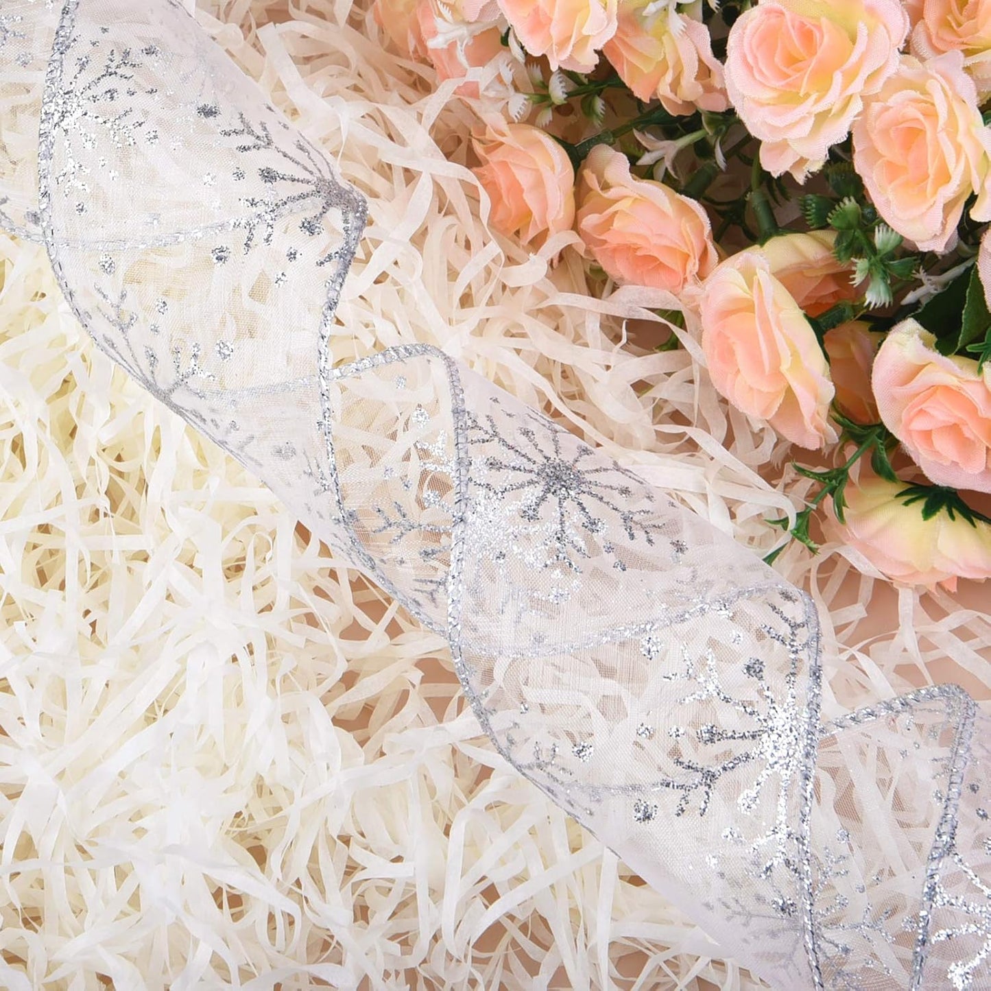 2.5 Inch Wide Christmas Wired Ribbon Snowflake Organza Sheer Glitter Ribbon for Xmas Tree, Wreath, Party Decoration, Gift Wrapping (Silver, 32.7 Foot (Pack of 1))