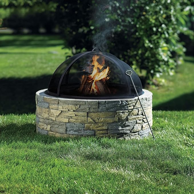 SUNCREAT Heavy-Duty Fire Pit Screen, Steel Mesh Round Spark Screen with Handle, 35 Inch