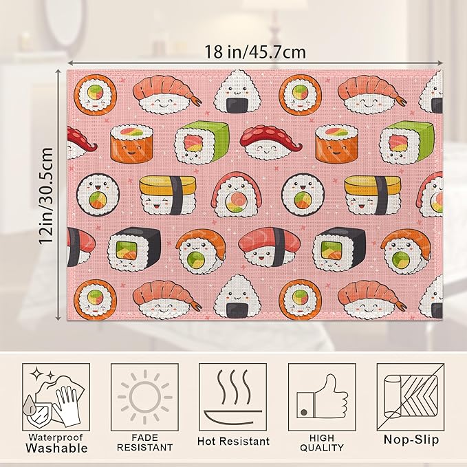 Japanese Style Cute Pink Sushi Rolls Placemats Set of 6,Waterproof Non-Slip Washable Table Mats Set for Kitchen Dining Holiday Party Wedding Decor 12x18 Inch