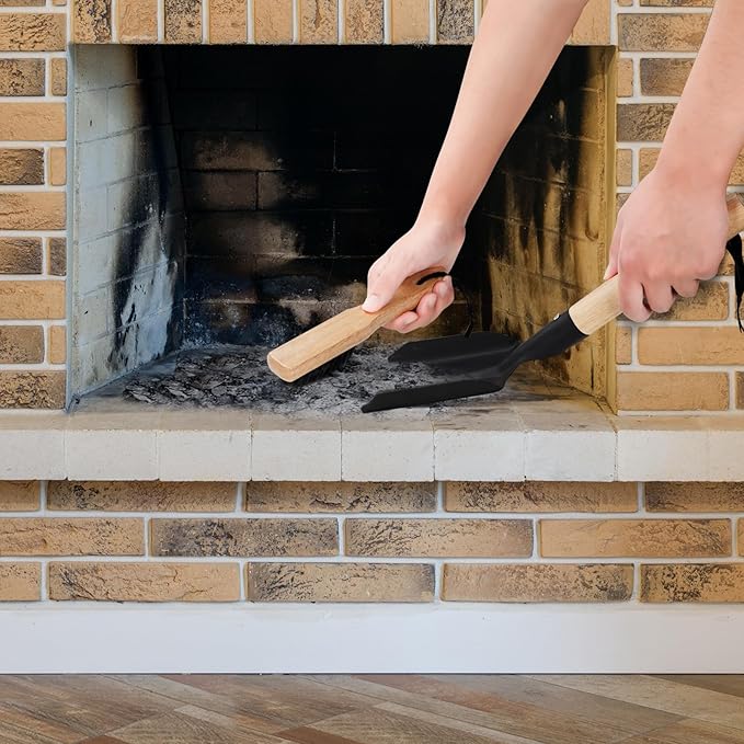 Ash Shovel & Hearth Brush Set - Fireplace Tools Set, Fire Pit Tools, Hearth Tidy Set, Metal Brush Pan Set Made of Natural Wood & Coco Bristles - Wider Scoop